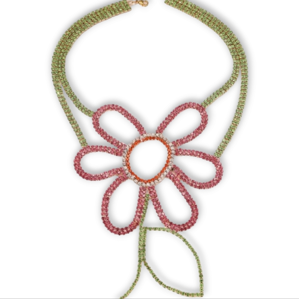 Elegant Floral Beaded Necklace - Pink and Green